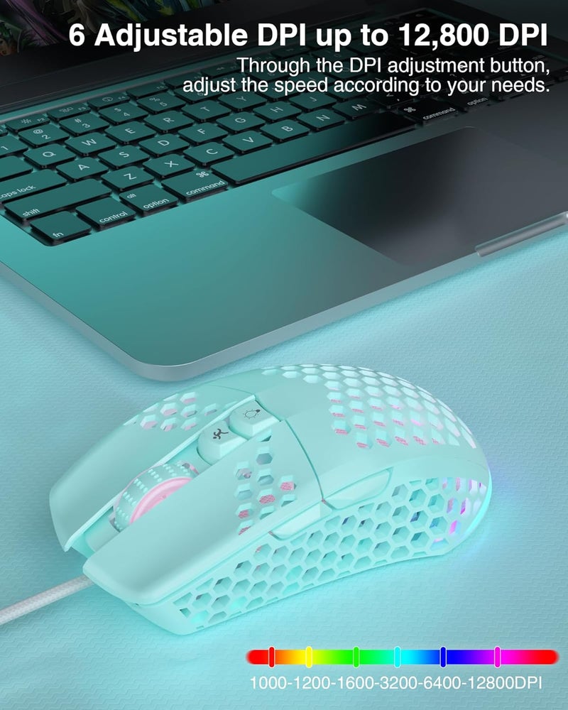 SOLAKAKA SM900 Green Wired Gaming Mouse with Honeycomb Shell,12800 DPI,7 Programmable Buttons,Lightweight Gaming Mice Ergonomic Computer Mouse Gaming for Windows/PC/Mac/Laptop Gamer - Image 3